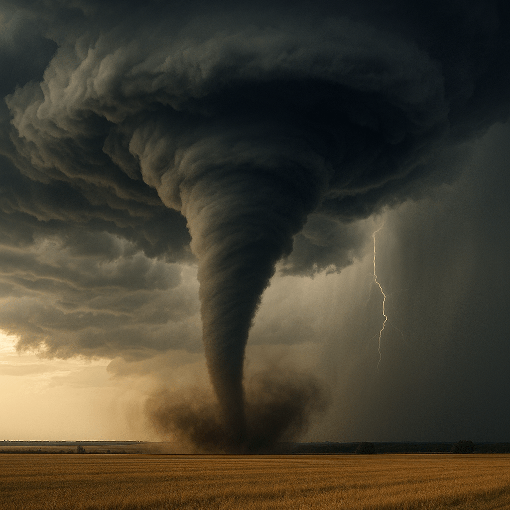 Tornado and lightning over open fields